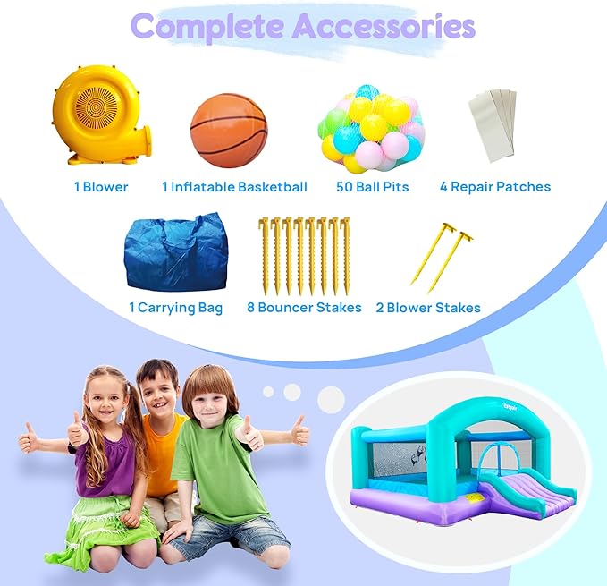 Large Bounce House for Big Kids, 14.8 x 14.5 FT Inflatable Bouncer Jumper Slide with 650W Blower, Basketball Hoop, Throw Ball Game, Ball Pits