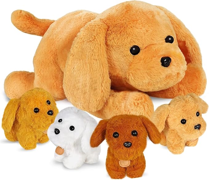 KMUYSL Puppy Stuffed Animals Toys for Ages 0 1 2 3 4 5 6 7 8+ Years Old Kids - Mommy Dog with 4 Baby Puppies in Her Tummy, Idea Xmas Birthday Gifts for Baby, Toddler, Girls, Boys