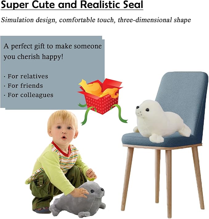 Seal Plush Stuffed Animal Grey Cute Toy Pillow Kawaii Doll for Kids, 11.8 inch
