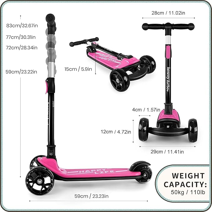 Besrey Kick Scooter for Kids Ages 3-10, 3-Wheel Folding Scooter with Adjustable Height, LED Light Wheels, Extra Wide Deck for Outdoor Activities