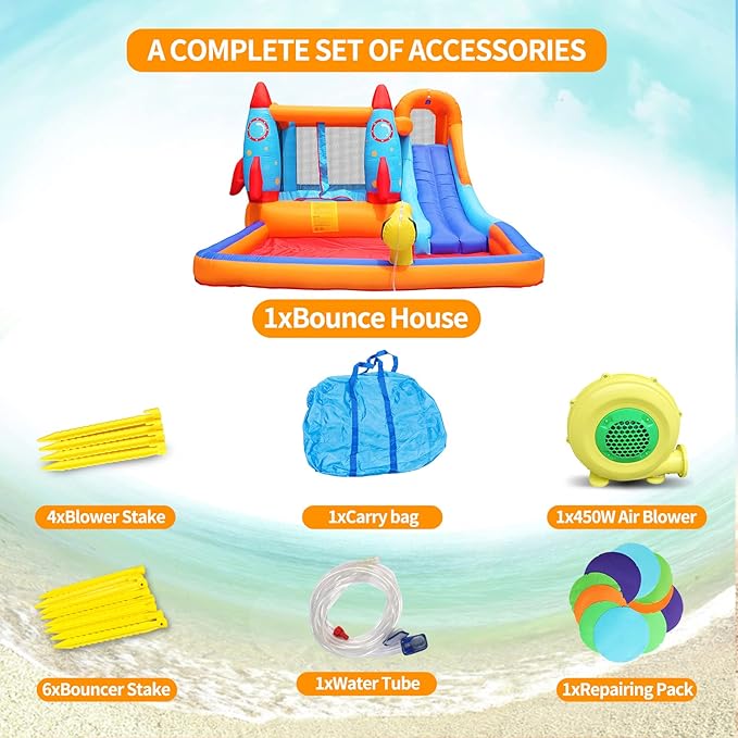 Inflatable Water Slide - Bounce House for Kids,Bouncy Castle for Kids Outdoor,Water Bounce House with Slide,Inflatable Water Park,Rocket Bounce House with Blower
