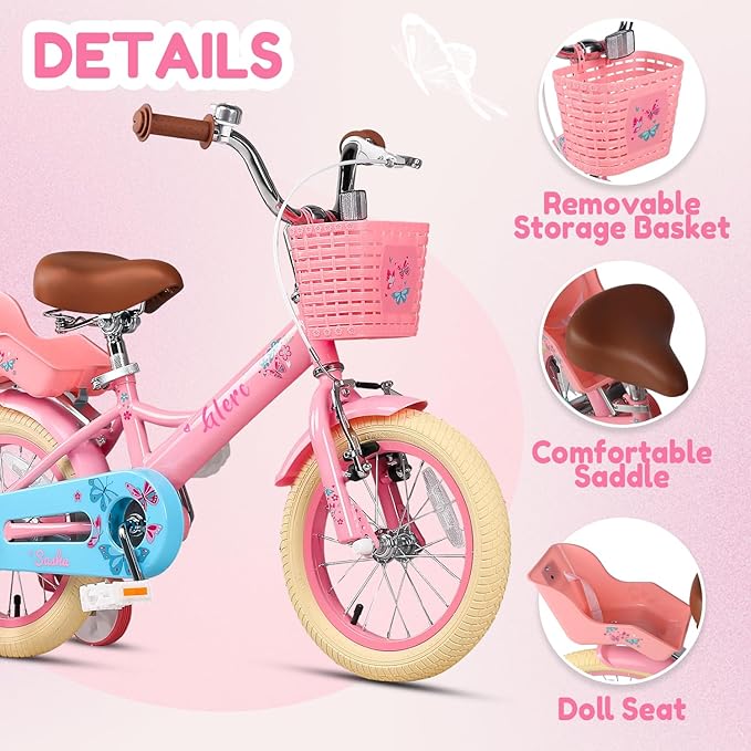 Glerc Sasha Girls Bike, 12-20 Inch Kids Bike for Ages 2-13 Years Old Children, Retro Vintage Style Kids Bicycle with Doll Bike Seat, Basket and Training Wheels, Multiple Colors