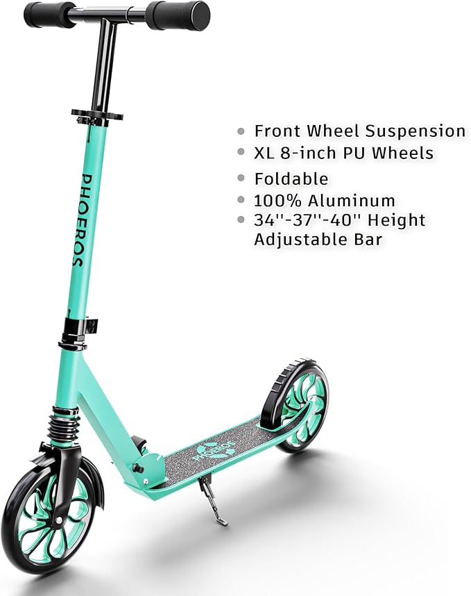 PHOEROS Kick Scooter for Kids Ages 6-12,Teens & Adults, Youth. Lightweight Aluminum Kick Scooter for Teens Adults Boys Girls with 8 inch Big Wheels, Foldable, 3 Height Adjustable, Shock Absorption.