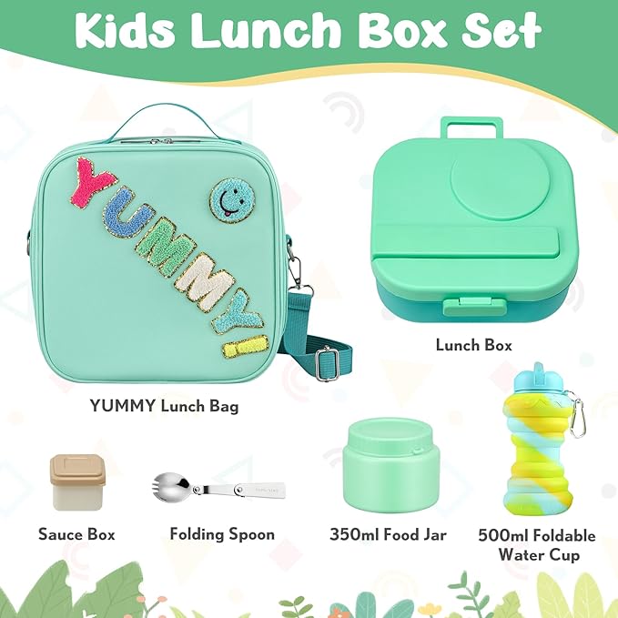 Kids Bento Lunch Box with 12oz Soup Thermo, Kids Leakproof Lunch Food Container with 4 Compartments, Insulated Lunch Bag & Water Cup for Girls Boys to School Travel
