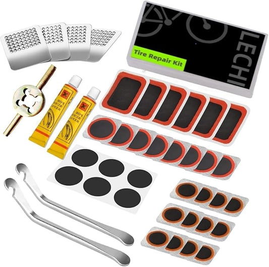 LECHI Bike Tire Repair Kit with Vulcanizing Patches,Stainless Steel Levers,Valve core Wrench for Motorcycle BMX Cycling MTB Road Mountain Bicycle(40 PCS)