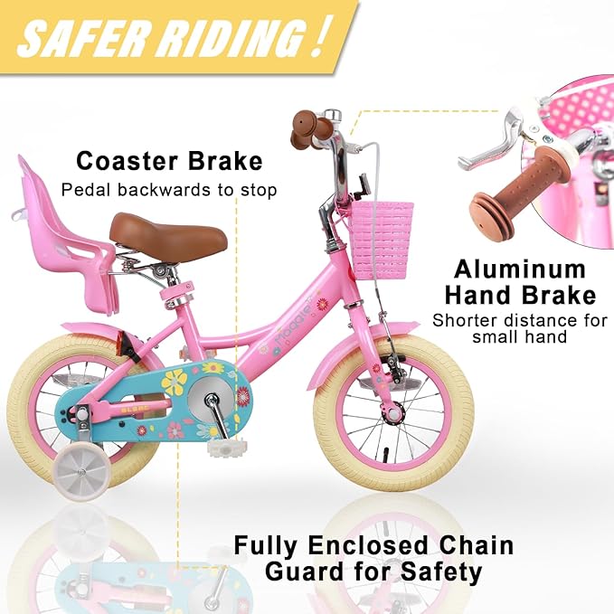 Glerc Maggie Girls Bike, 12-20 Inch Kids Bike for 2-13 Years Old Children, Princess Style Kids Bicycle with Doll-Seat & Basket & Training Wheels, Multiple Colors