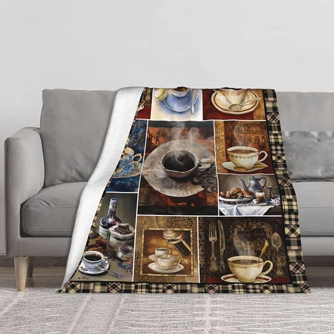 Vintage Coffee Blanket Drink Cup Lover Throw Blankets for Girls Boys Adult Women Men Plush Cozy Flannel Fleece Ultra Soft Fuzzy Party Blanket Gifts for Bed Couch Sofa 60"X50"