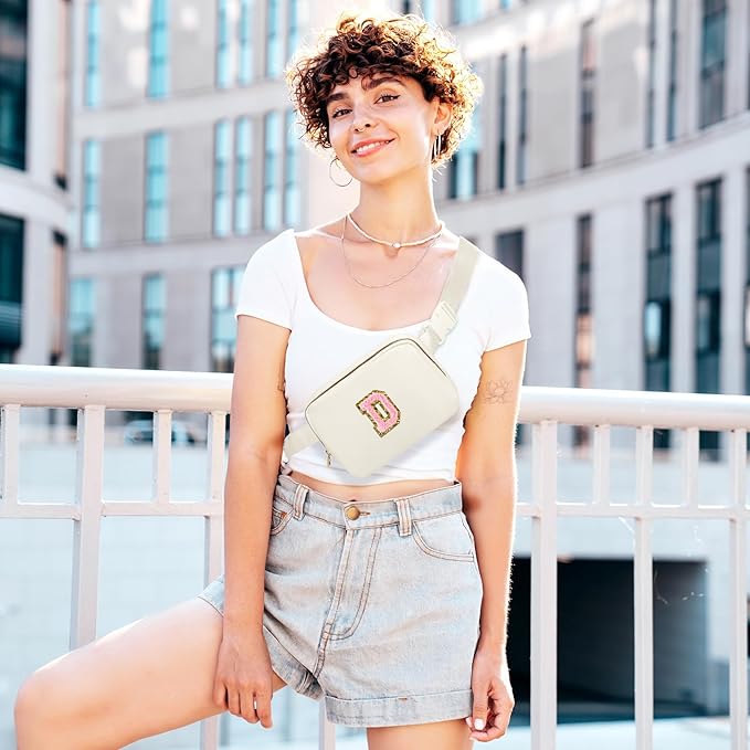 Birthday Gifts for Girls Teen, Initial Belt Bag for Women Girls, Crossbody Bag Waist Packs Teens Fanny Pack, Personalized Accessories for Preppy Cute Stuff Gifts for Teens Girls Kids (Beige, D)