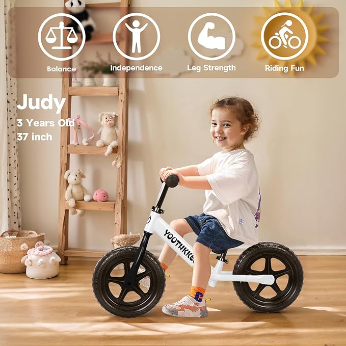 12 Inch Toddler Balance Bike for 1-3 Year Olds, No-Pedal Bike with Tool-Free Adjustable Seat, Quick Assembly, Gift for 1-3 Year Old Boys & Girls with Customizable Plate