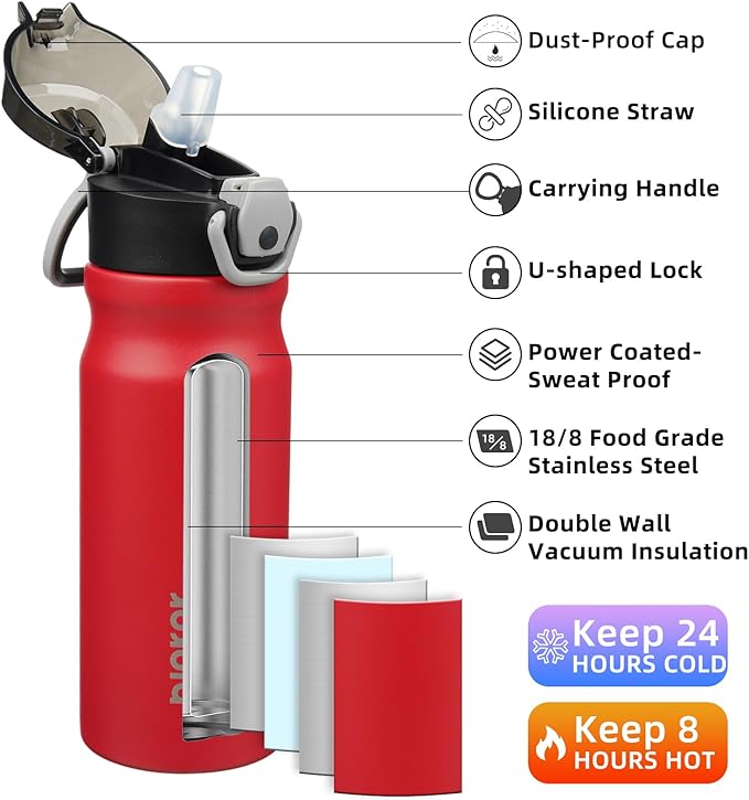 BJPKPK 18oz Insulated Water Bottle With Straw Stainless Steel Double Wall Water Bottles BPA Free Leak Proof Thermo With Lockable Flip Lid And Soft Silicone Spout,Red