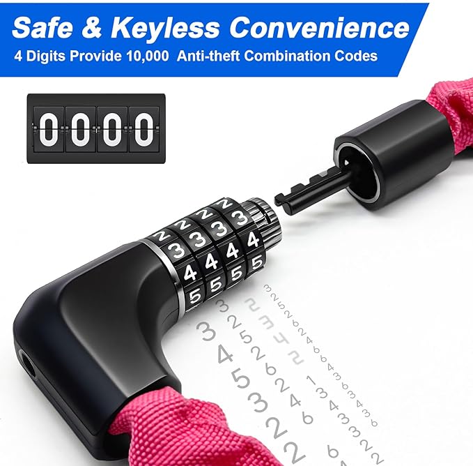 NDakter Upgrade Bike Chain Lock with 4 Digit Combination and 2 Keys, 3.2/4.28 Ft Heavy Duty Anti-Theft Bicycle Lock, 2 Ways to Unlock High Security Scooter Locks for Ebike, Escooter, Door