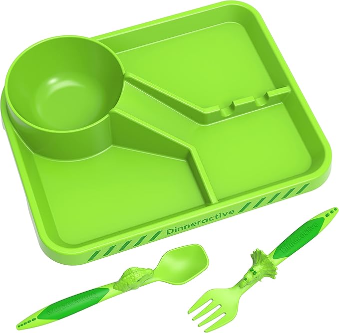 Dinneractive Dining Set For Kids - 3PC Green Dinosaur Dinnerware - Dinosaur Utensils - Toddler Plates - Baby Dishes