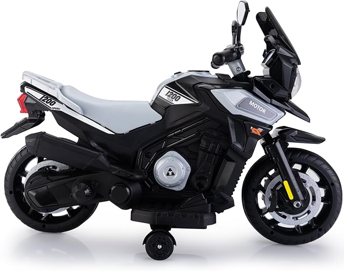 TOBBI 12V Electric Motorcycle for Kids Ride on Toys Toddler Motorbike Battery Powered Off-Road Dirt Bikes w/Music/Headlights/Training Wheels, Gifts for Boys & Girls, Silver