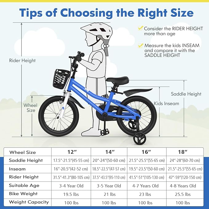 COSTWAY Kids Bike, 12 14 16 18 Inch Toddler Bike for Boys & Girls Aged 3-8 Years Old, Kids Bicycle w/Removable Training Wheels, Handbrake & Coaster Brake, Basket, Bell