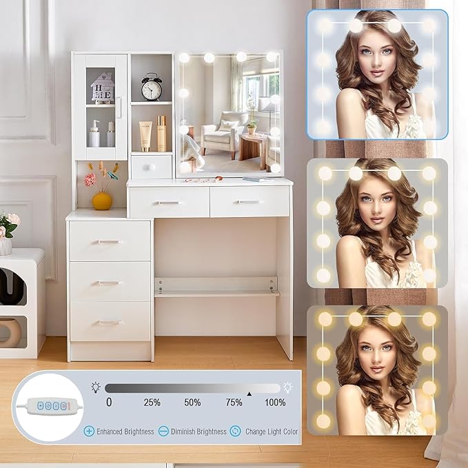 Large Vanity Desk with LED Lighted Mirror, 6 Drawers, 1 Door Cabinets, 6 Oppen and Hidden Shelves Makeup Table with Brightness Adjustable, Dressing Vanity Set for Girls