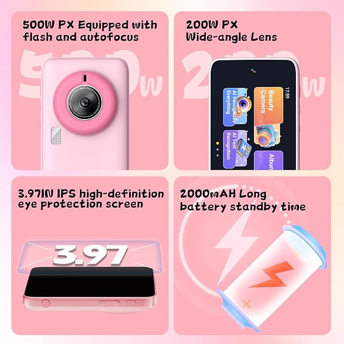 Kids Camera, 3.97IN AI Digital Camera with Beauty Camera, Flashlight, 1080P HD Video Selfie Camera Dual Lens, Portable Toy Christmas Birthday Gifts for Children, 2000mA(Pink)