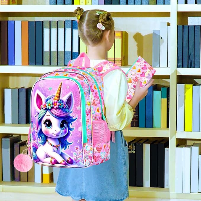 CCJPX 16" Unicorn Backpack for Girls, 3Pcs Kids Bookbag with Lunch Box, Water Resistant Elementary School Bag for Kindergarten Preschool Toddler (Pink)