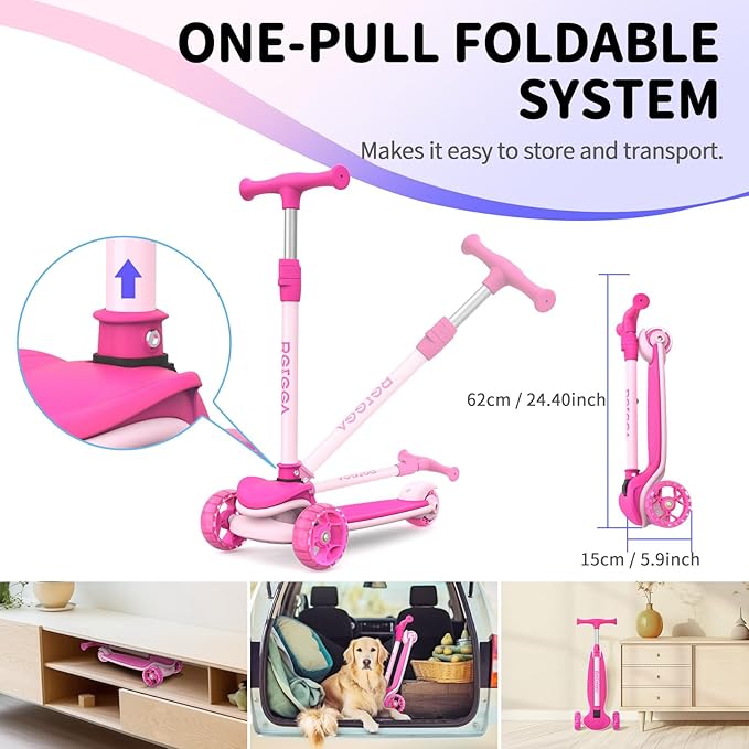 BELEEV A8 Scooter for Kids Ages 3-12, 3 Wheel Folding Scooter for Toddlers Girls Boys, LED Light-Up Wheels, 4 Adjustable Height, Lean to Steer, Extra Wide Wheels, Three Wheel Kick Scooter for Children