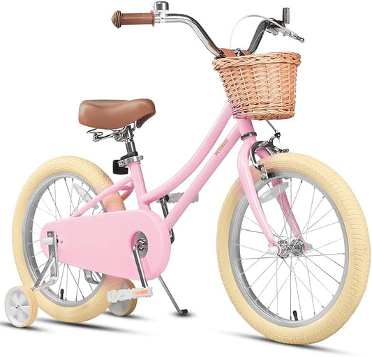 Petimini Girls Bike with Basket for 2-12 Years Old Kids, 12 14 16 18 20 Inch Bicycle with Bell Training Wheels Basket, Multiple Colors