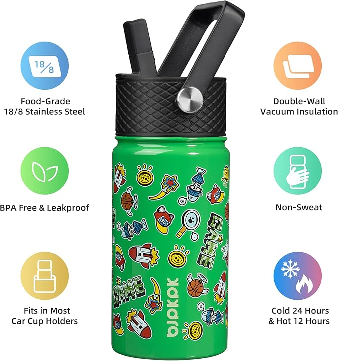 BJPKPK Insulated Water Bottle with Straw Lid, 15 oz Stainless Steel Metal Water Bottles, Reusable Leak Proof BPA Free Water Bottles, Cups, Thermo, Game