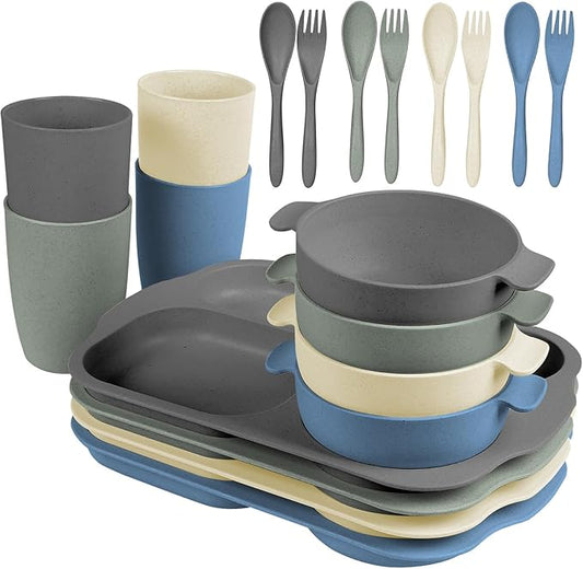 shopwithgreen Wheat Straw Dinnerware Cutlery Set, 20 PCS Kids Toddlers Divided Plates and Bowls Sets, Microwave Unbreakable Tableware Spoon Knife Cup, Dishwasher Safe for Kitchen Picnic School