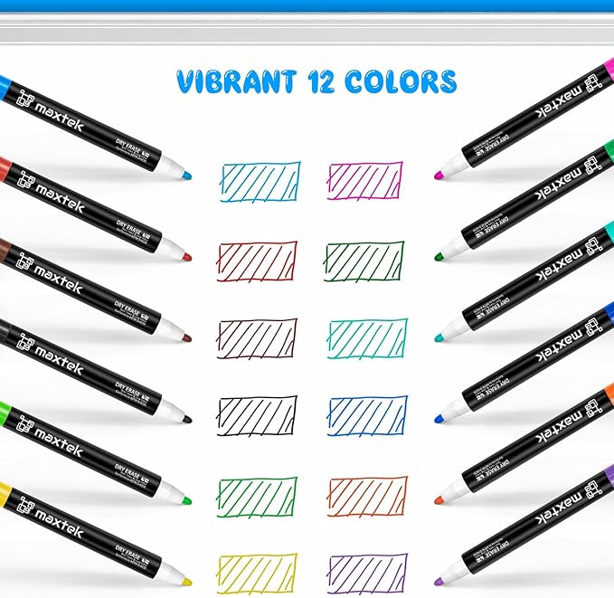 maxtek 24 Count Magnetic Dry Erase Markers, Fine Tip, 12 Colors Whiteboard Markers with Built-in Eraser, Low Odor Thin Markers
