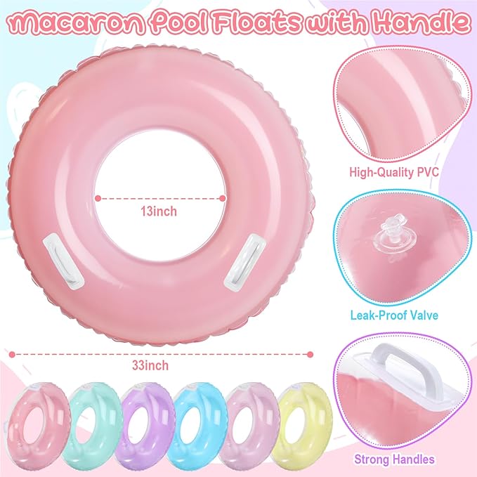 ShinyRelief 6 Pack 33'' Inflatable Pool Floats with Handle for Kids Adults Macaron Tube Rings Handle Tubes Bulk, Pool Floaties Toys Beach Summer Swimming Party Toys