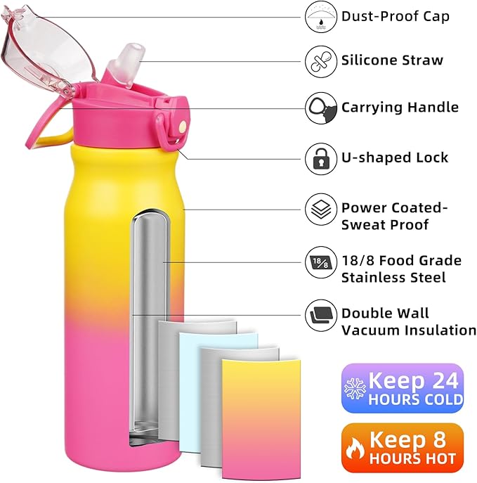 BJPKPK 25oz Insulated Water Bottle With Straw Stainless Steel Double Wall Water Bottles BPA Free Leak Proof Thermo With Lockable Flip Lid And Soft Silicone Spout,Rainbow