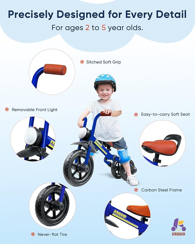 KRIDDO 2-in-1 Kids Balance Bike and Kids Tricycle for 2 to 5 Year Old, Toddler Balance Bike with Detachable Pedals, Tricycles for 3-5 Year Olds with Stitched Soft Grip, Blue