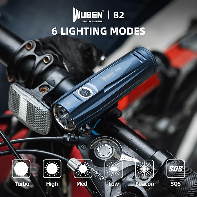WUBEN B2 Rechargeable Bike Light with Taillight, 1300 High Lumen LED Bike Flash Lights Type-C Rechargeable, Bike Headlight with 6 Modes & IP68 Waterproof for Outdoor, Night Riding(high Endurance)