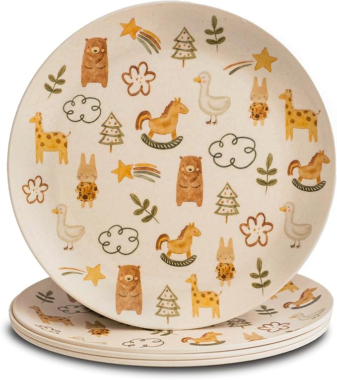 Nook Theory 4 Pack Reusable Bamboo Plates - Non-Toxic Toddler and Kids Plate, Dishwasher Safe, Not Microwavable Dinnerware (Wonderland 8")