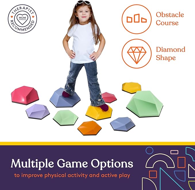 Special Supplies Diamond Shaped Stepping Stones for Kids Indoor and Outdoor Balance Blocks Promote Coordination, Balance, Strength Child Safe Rubber, Non-Slip Edging (Multi-Color, 10)
