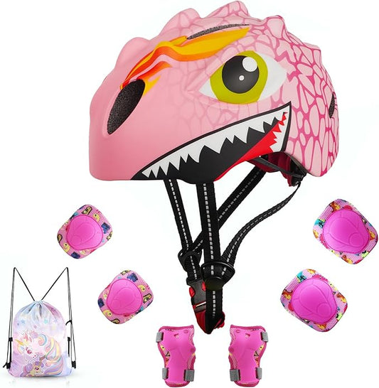 Toddler Helmet Kids Bike Helmet for 2 3 4 5 6 7 8 Years Old Girls with 3D Dinosaur Design Protective Gear Set and Safety Certified, Toddler Bike Cycling Skating Skateboard Scooter Helmet