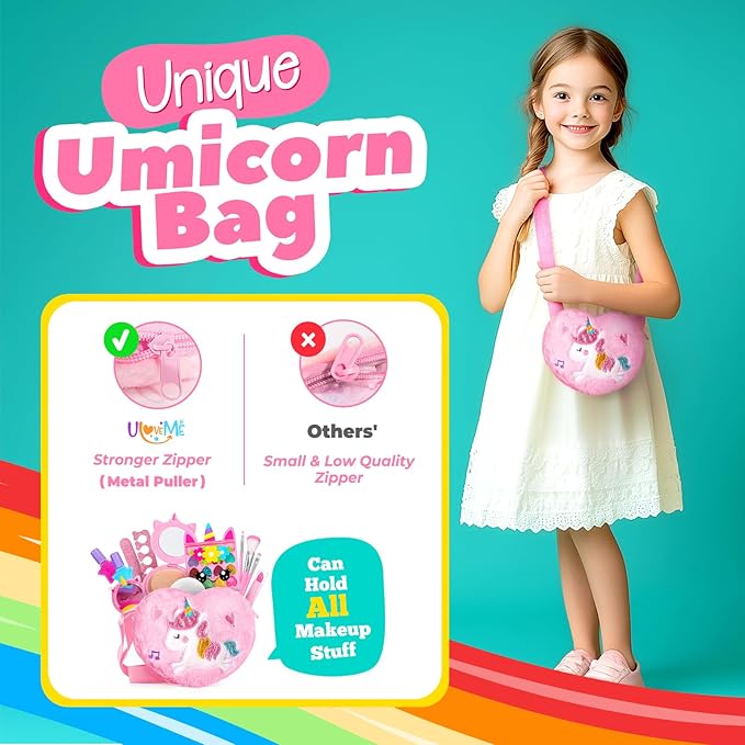 ULOVEME Kids Real Makeup Kit for Little Girls - Real, Non Toxic, Washable Make Up Toy - Umicorn Toys Gift for 3 4 5 6 7 8 9 10 12 Years Old Girls Birthday (Heart Shaped Pink Purse)