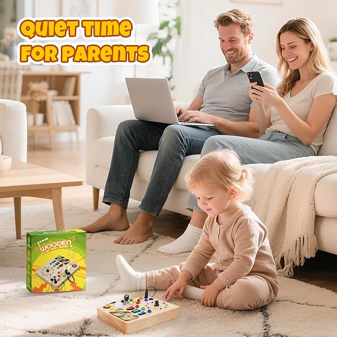 Montessori Busy Board, Wooden Sensory Toy for Toddler with LED Light, Educational Travel Toy, Christmas Birthday Gifts for Toddler