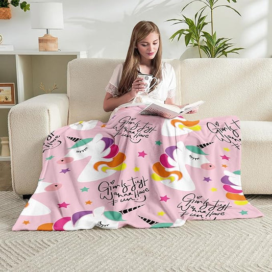 Wajade Kids Pink Unicorn Soft Fleece Blanket for Girls - Cute Unicorn Stars Throw for Couch, Sofa, Bedroom - 60"x80"