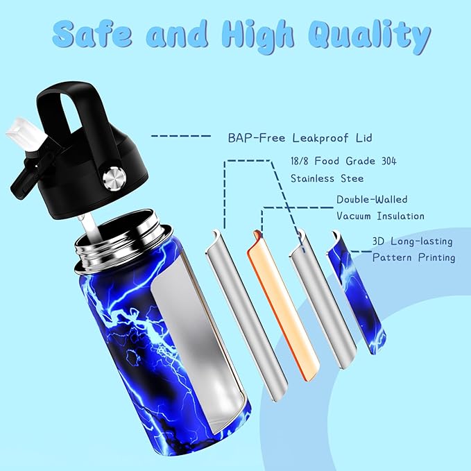 14oz Kids Insulated Water Bottle with Straw Lid - 18/8 Stainless Steel Kid Cup Travel Tumbler Double Wall Vacuum Leak Proof Portable Toddler Water Bottle (Lightning）