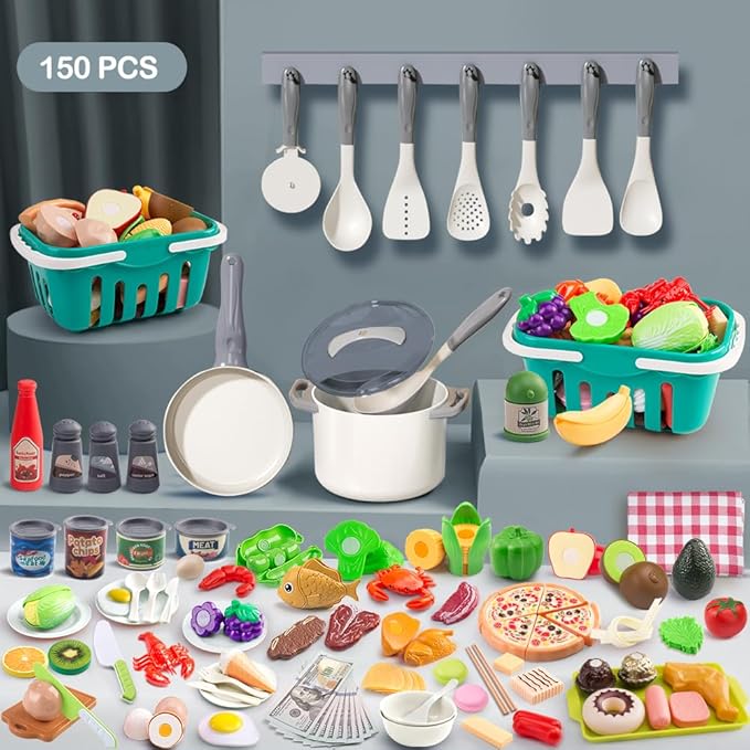 150Pcs Kitchen Playset, Toddlers Pretend Cooking Cookware Accessories, Food, Picnic Blanket, Fruits, Veges, 2Pack Shopping Storage Basket, Dessert and Prop Money, Gift for Kids (White)