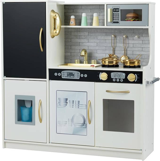 Costzon Kids Kitchen Playset, Wooden Pretend Cooking Toy Set w/Real Sound, Large Blackboard, Telephone, Microwave, Ice Maker, Dishwasher, Oven, Storage Space, Play Kitchen for Kids (Creamy White)