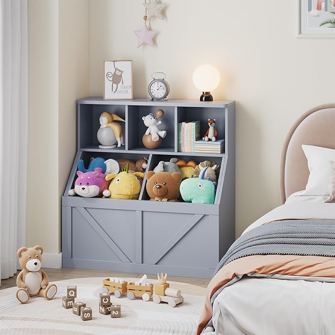 Kids Bookshelf and Toy Storage, Toy Storage Organizer, Toy Organizer with Storage Cabinet and Toy Shelf, Toddler Book Shelf for Kids Rooms, Playroom, Bedroom, Nursery, Daycare, Living Room, Grey