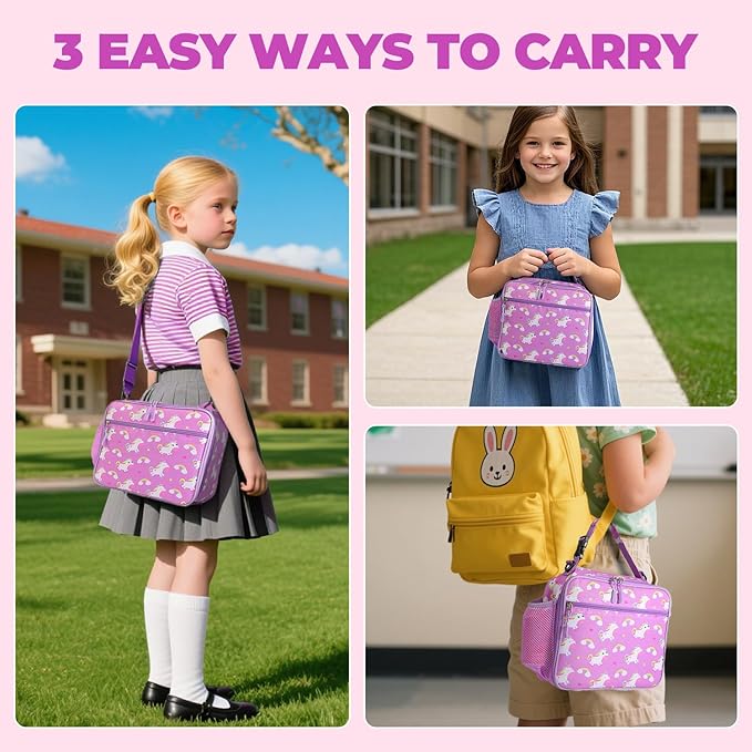 Kids Lunch Box Kids Lunch Bag for Girls Boys, Insulated Lunch Bag for Men with Shoulder Strap, Small Lunchbox for Girls School Travel Picnic (Purple, Unicorn)