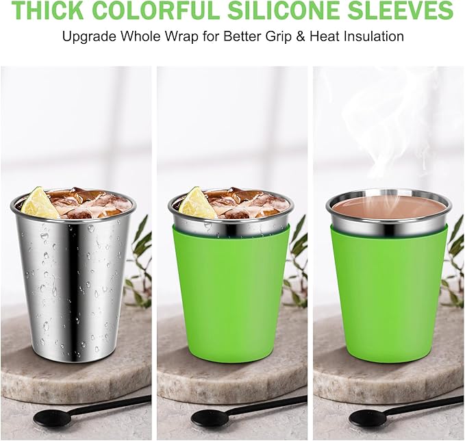 Kids Drinking Cups, Durable Stainless Steel Tumbler Cups with Lids and Silicone Straws, Easy-Grip Sleeves, Set of 2 Spill Proof Cups for Kids (Green & Yellow)