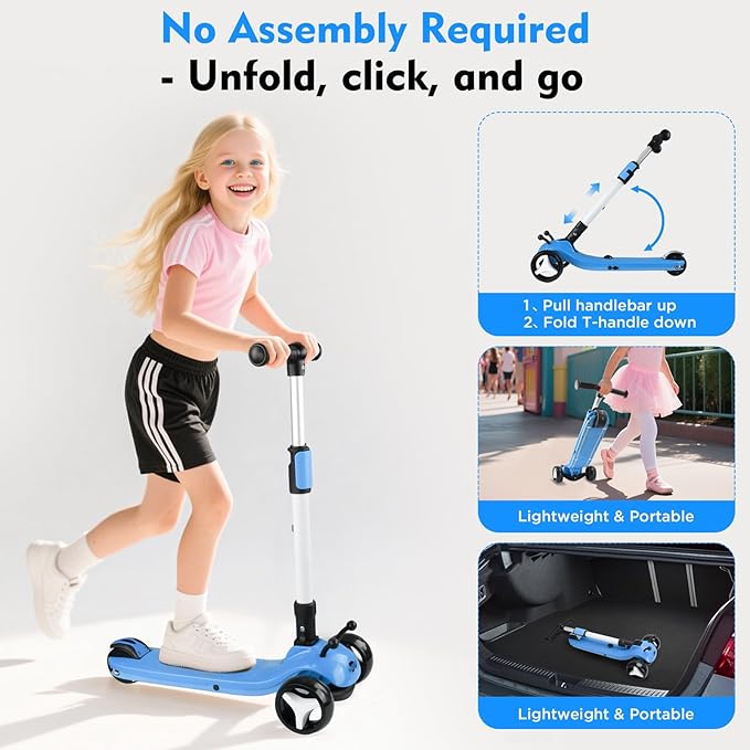 3 Wheel Electric Scooter for Kids Ages 3-12, w/Full Body Lights Up, DIY Stickers, 3 Adjustable Heights, 5Mph Safe Speed, 90min Riding, BLISSRIDE Foldable Kids Electric Scooter for Boys & Girls