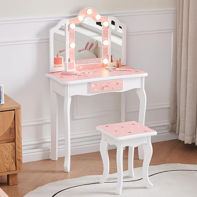 Kids Vanity Set, Princess Toddler Makeup Vanity with Mirror and 3-Color LED Lighted, Wooden Kids Vanity Table and Chair Set with Drawer for Little Girls