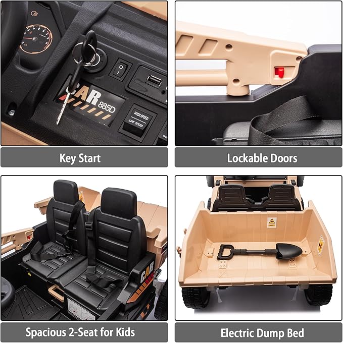 12V 10AH 2-Seater Kids Ride on Truck Electric Toy Car with Electric Dump Bed, Parents Remote Control Kids Car Tractor Toys Ride-on Dump Truck for Boys and Girls Ages 3+, Khaki