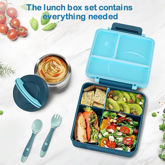 Bento Lunch Box Set for Kids with 8oz Soup Thermo, Leak-Proof Lunch Containers with 4 Compartment, Kids Thermo Hot Food Jar and Insulated Lunch Bag for Kid to School-Blue
