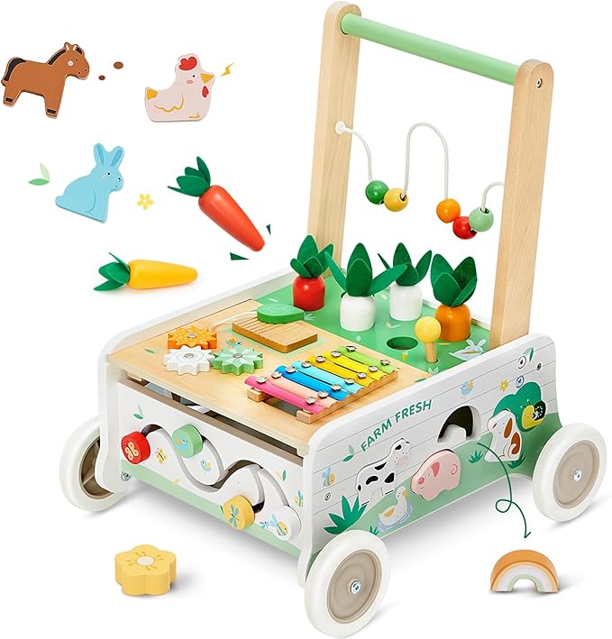 Wooden Baby Walker, Baby Push Walker, Adjustable Speed Baby Walker with Wheel, Toddler Activity Center Toys, Montessori Farm Walker Toy with Shape Sorter, Carrot Harvest for Boys and Girls