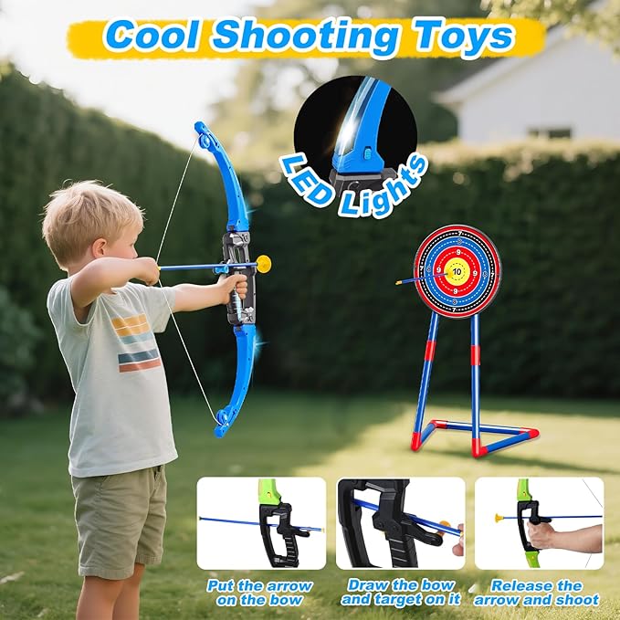 2 in 1 Pack Bow and Arrow Set for Kids 6 Year Old Boy Gifts Boy Toys Age 6-8,Archery Set with Lights Sport Shooting Games for Kids 5-12 Year Old Birthday Gifts Indoor Outdoor