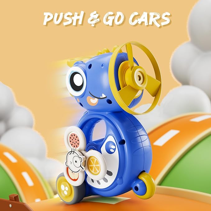 iPlay, iLearn Kids Dinosaur Flying Disc Launcher Toys, Toddler Push Go Friction Dino Cars, Indoor Outdoor Spinning Top Yard Play Set, Birthday Gift for 12-18 Months, 1 2 3-6 Years Old Boys Girls Child