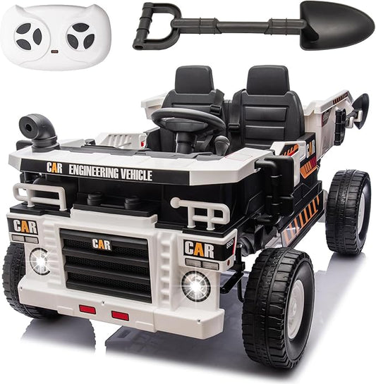 24V 4WD 2-Seater XL Kids Ride on Truck Electric Toy Car with Electric Dump Bed, Parents Remote Control Kids Car Tractor Toys Ride-on Dump Truck for Boys and Girls Ages 3+, White